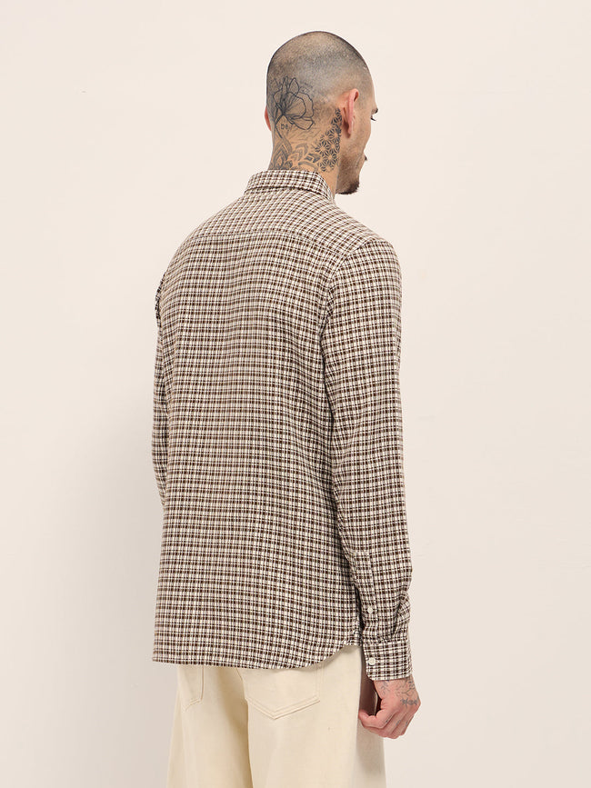 Men Brown Textured Checks Design Slim Fit Casual Shirt