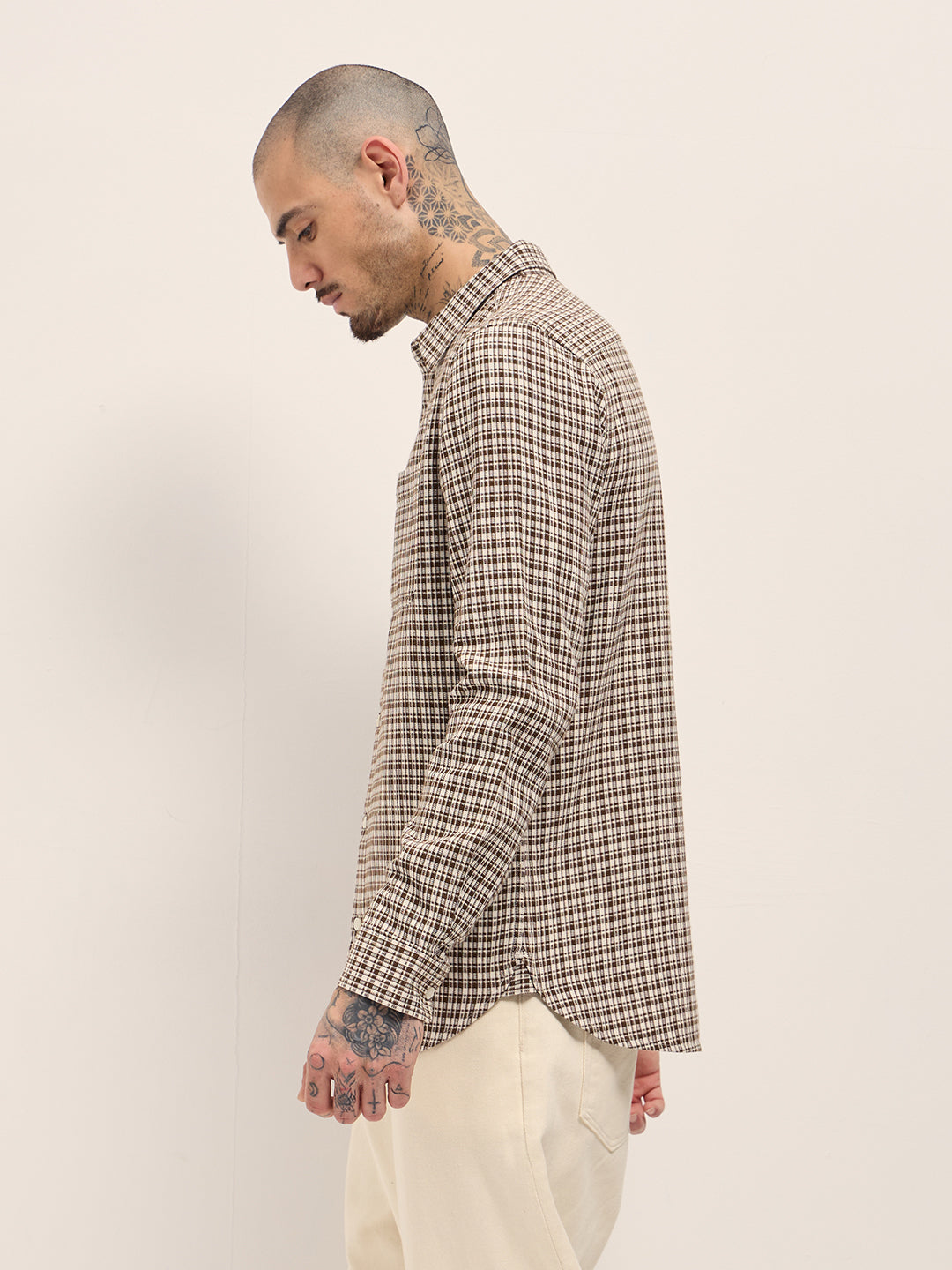 Men Brown Textured Checks Design Slim Fit Casual Shirt
