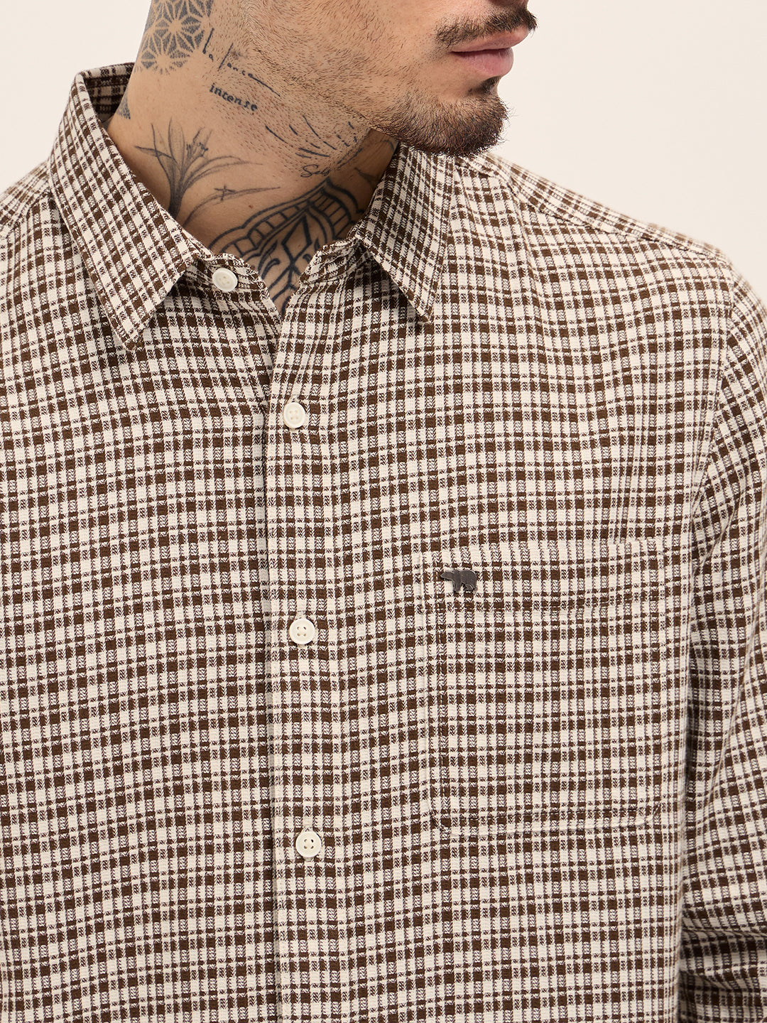Men Brown Textured Checks Design Slim Fit Casual Shirt