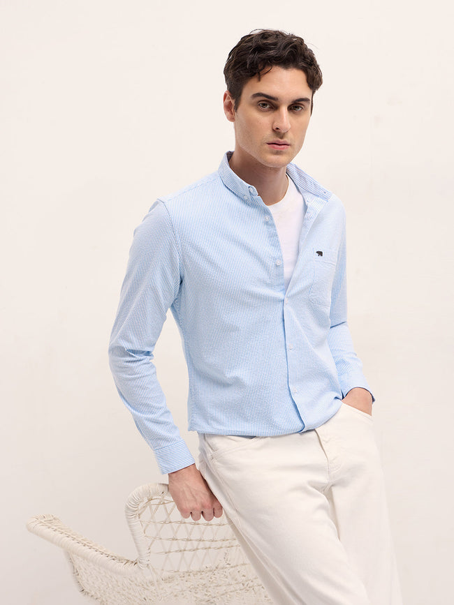 Men Light Blue Vertical Pin Stripes Slim Fit Casual Shirt