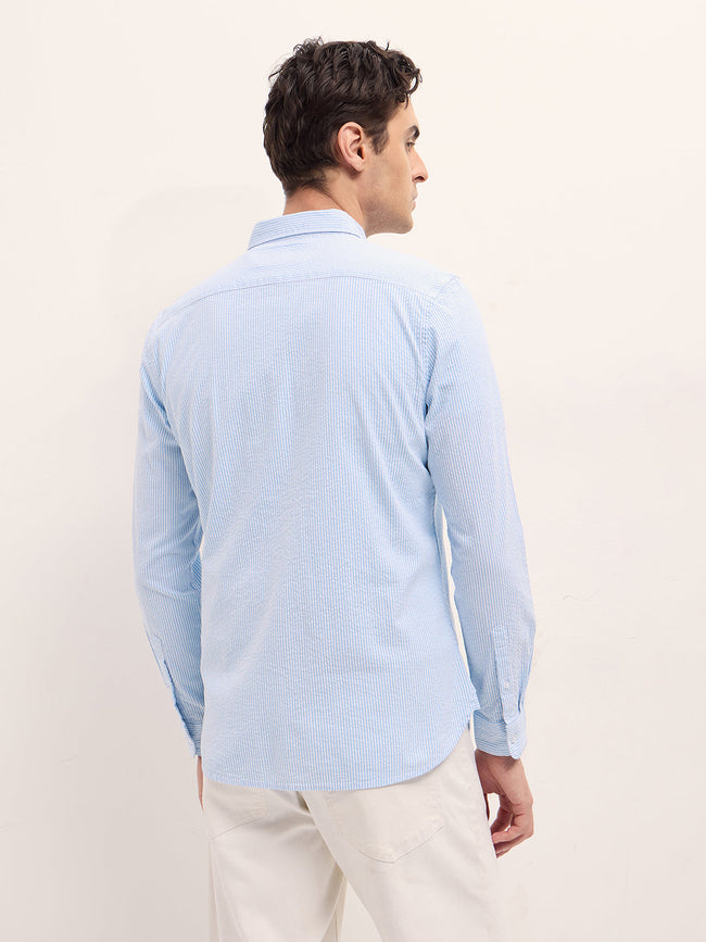 Men Light Blue Vertical Pin Stripes Slim Fit Casual Shirt
