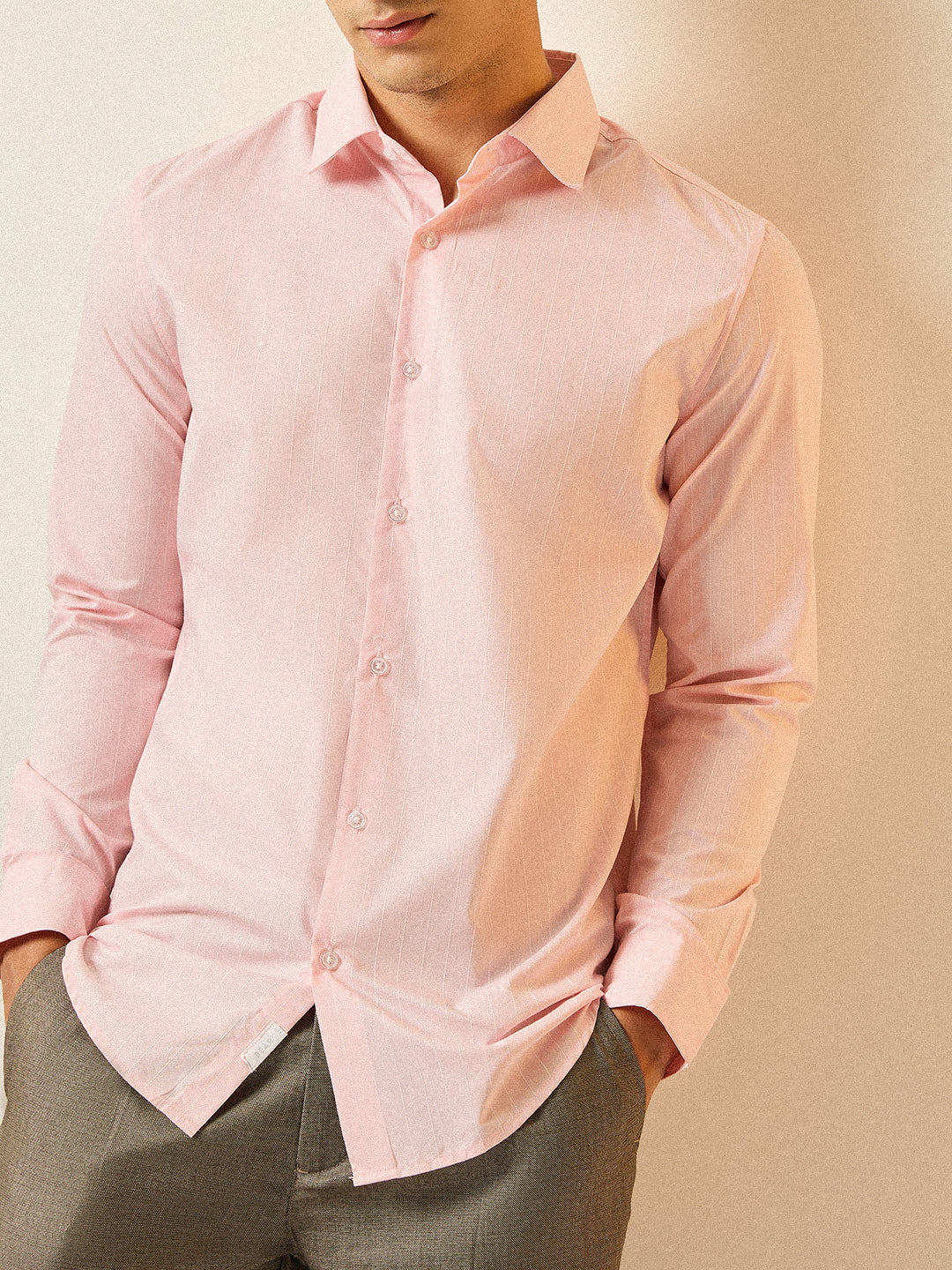 Men Light Pink Striped Tailored Fit Formal Shirt