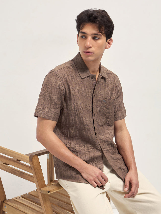 Men Brown Crinkle Textured Regular Fit Half-Sleeve Casual Shirt