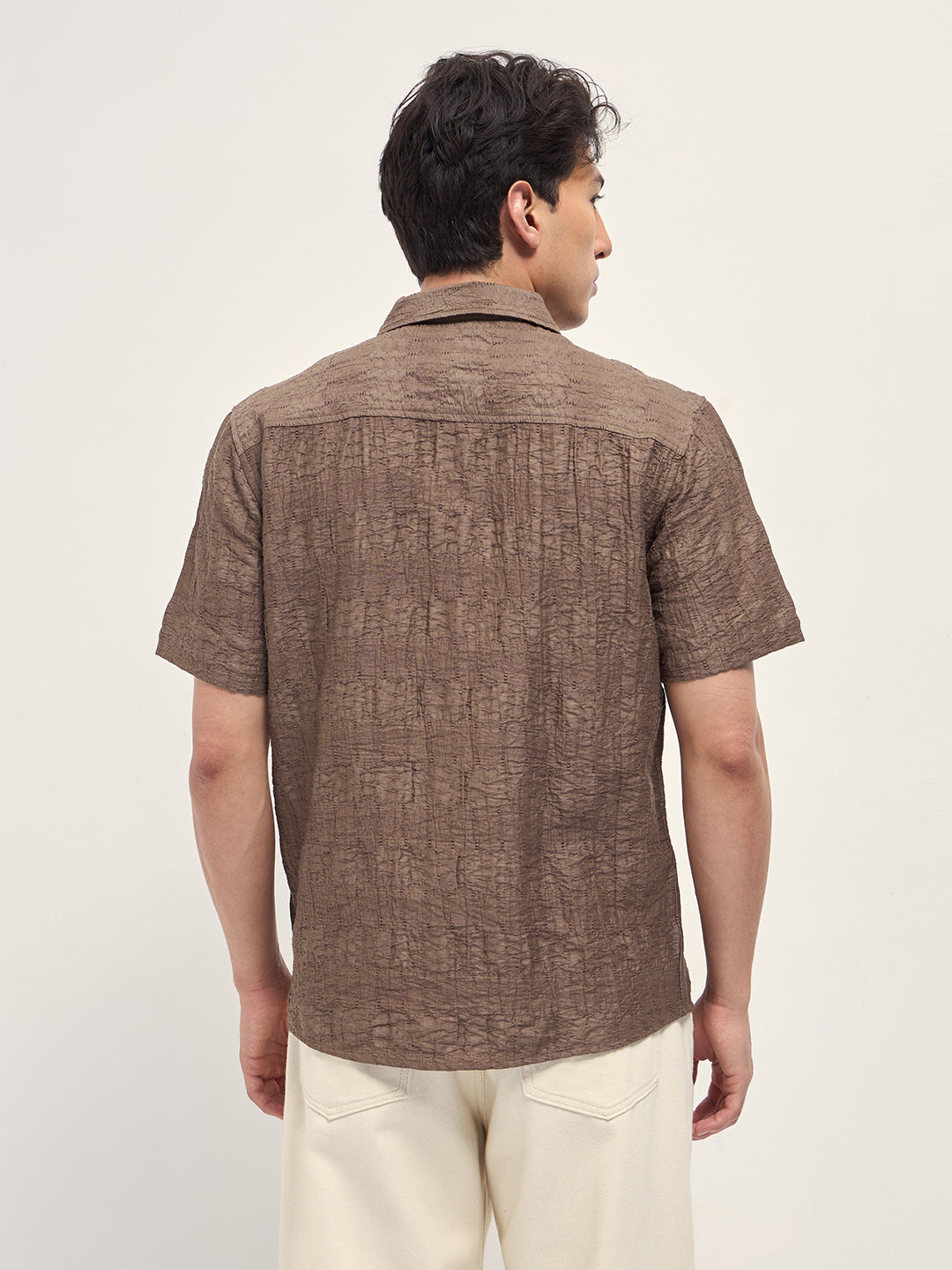 Men Brown Crinkle Textured Regular Fit Half-Sleeve Casual Shirt
