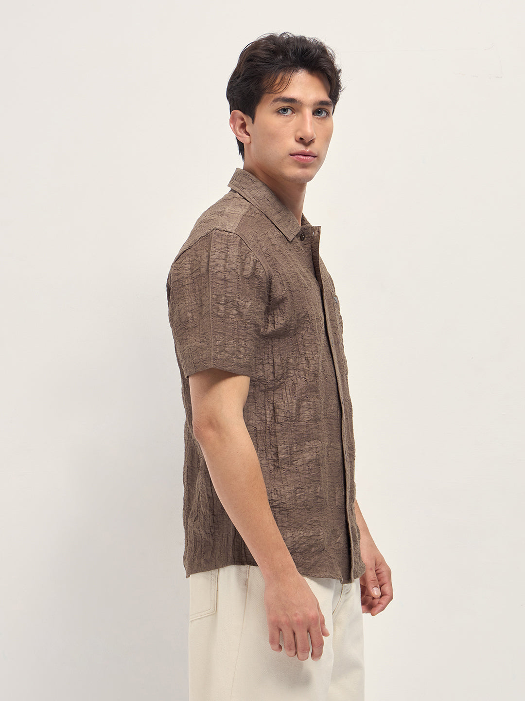 Men Brown Crinkle Textured Regular Fit Half-Sleeve Casual Shirt