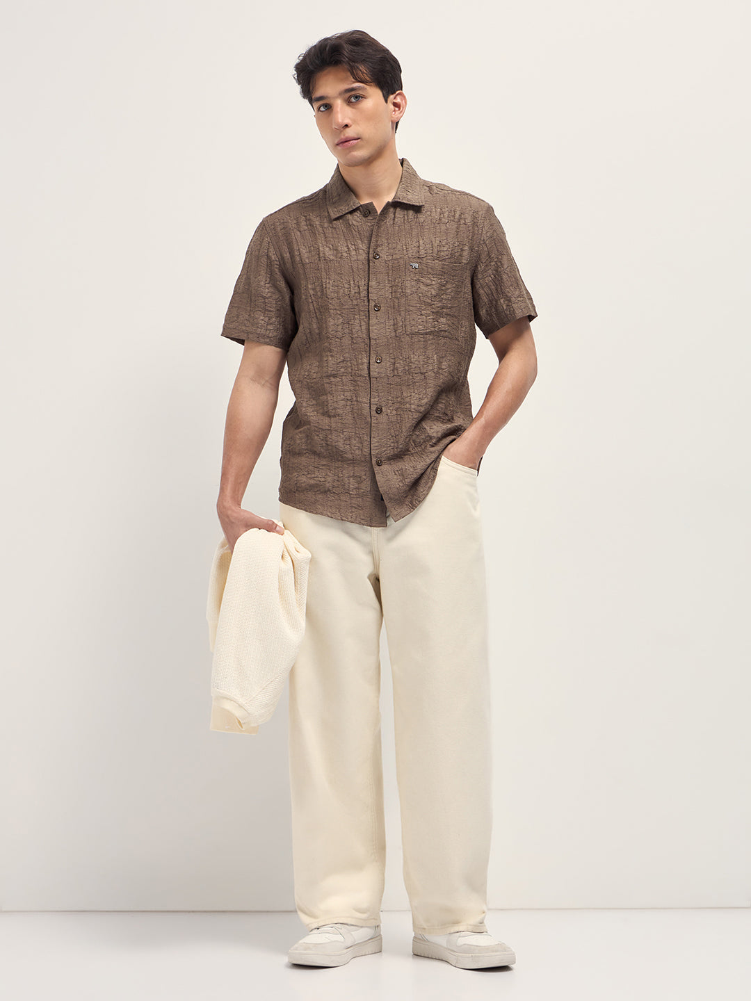 Men Brown Crinkle Textured Regular Fit Half-Sleeve Casual Shirt