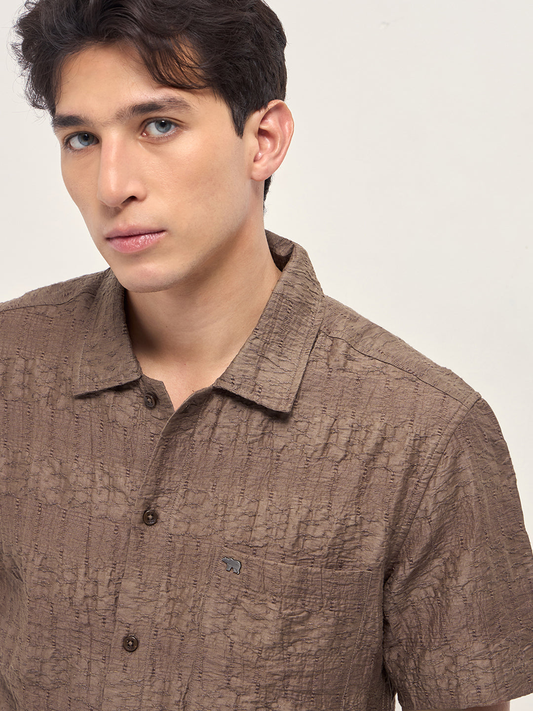 Men Brown Crinkle Textured Regular Fit Half-Sleeve Casual Shirt