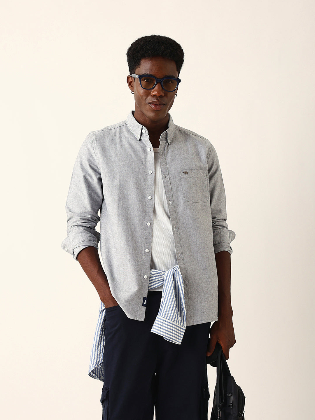 Men Grey Cotton Solid Shirt