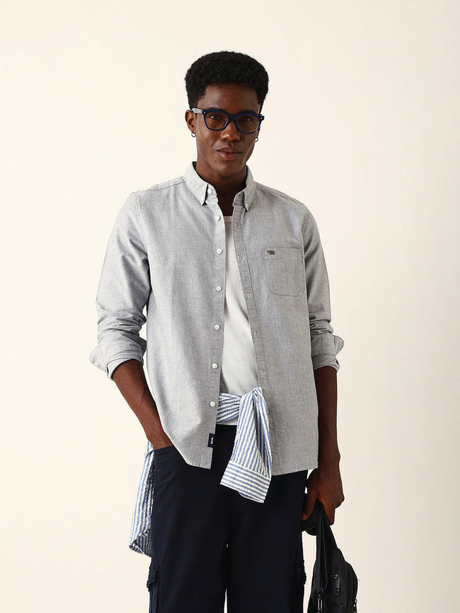 Men Grey Cotton Solid Shirt