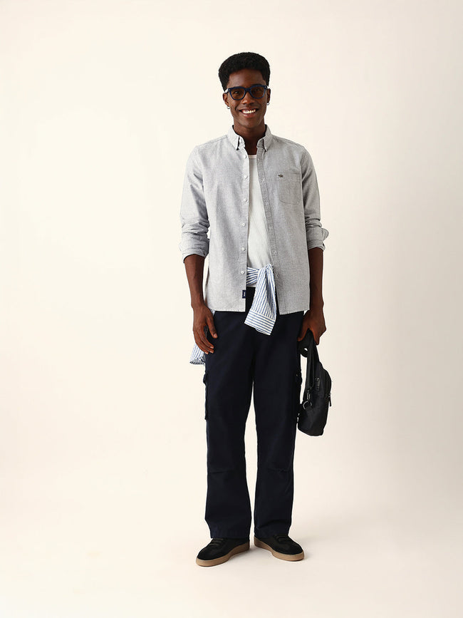 Men Grey Cotton Solid Shirt