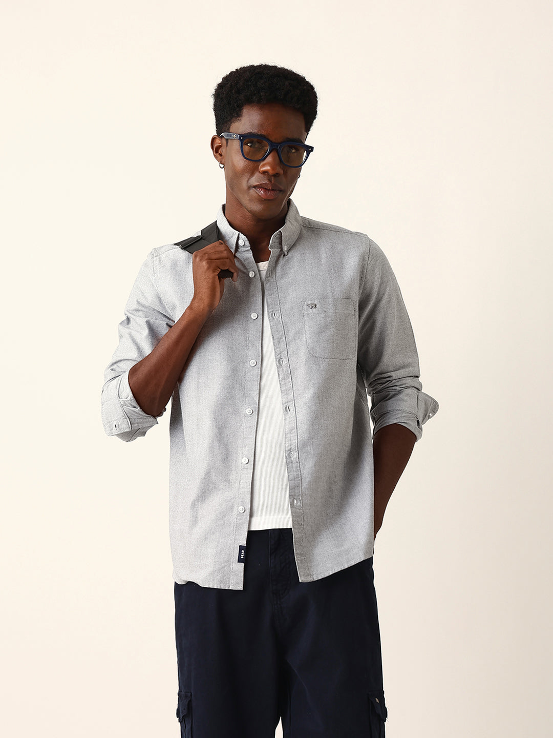 Men Grey Cotton Solid Shirt