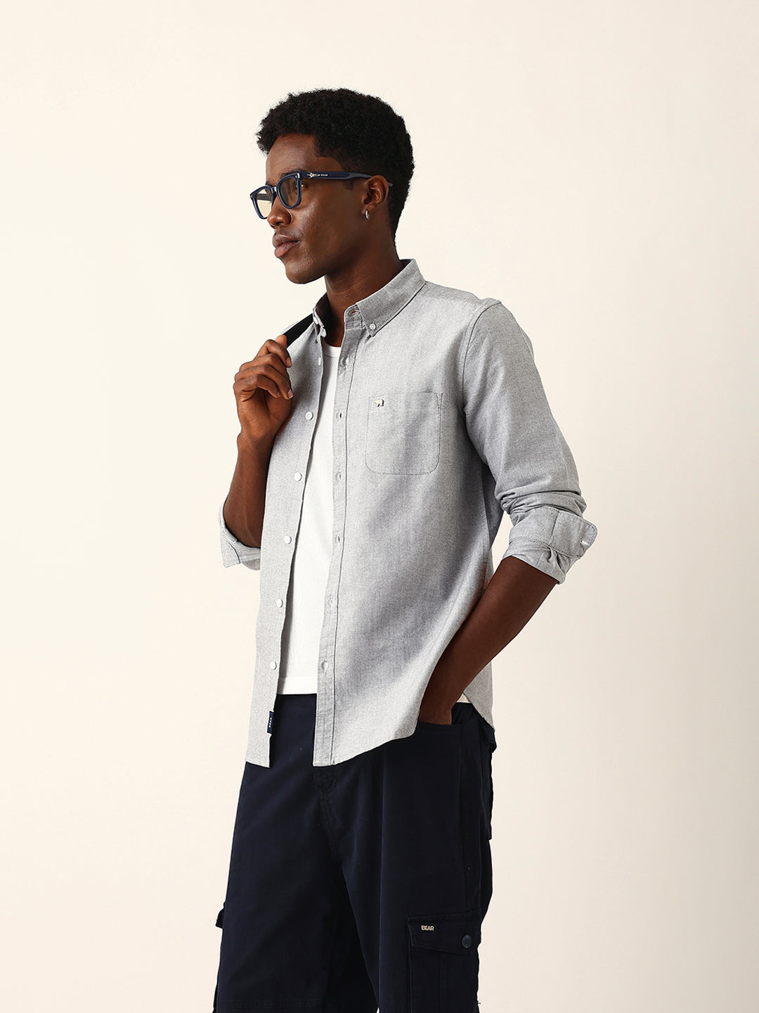 Men Grey Cotton Solid Shirt