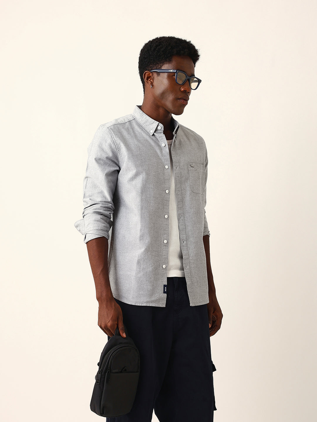 Men Grey Cotton Solid Shirt