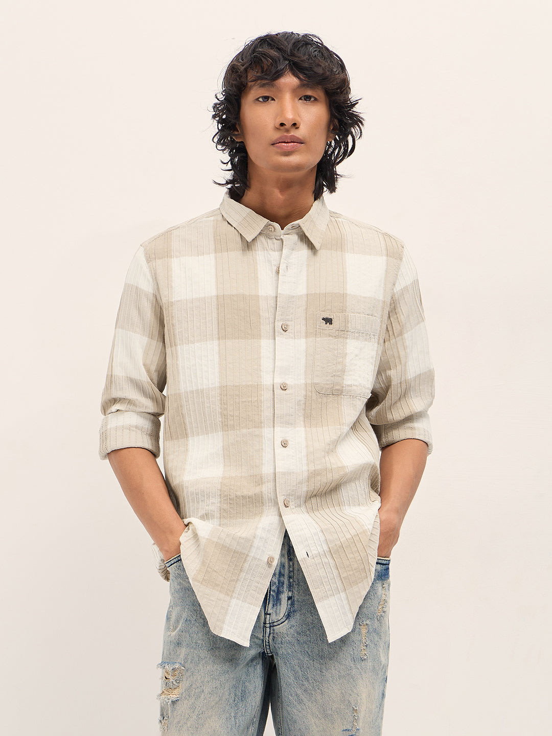 Men Beige Slim Fit Casual Shirt