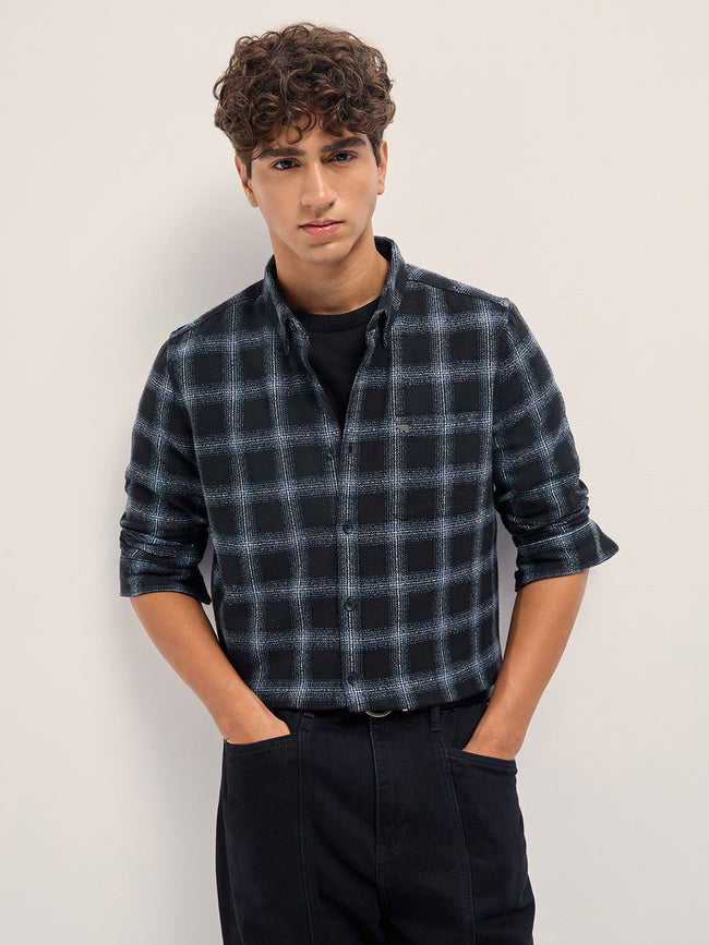 Men Black Block Check Slim Fit Casual Shirt