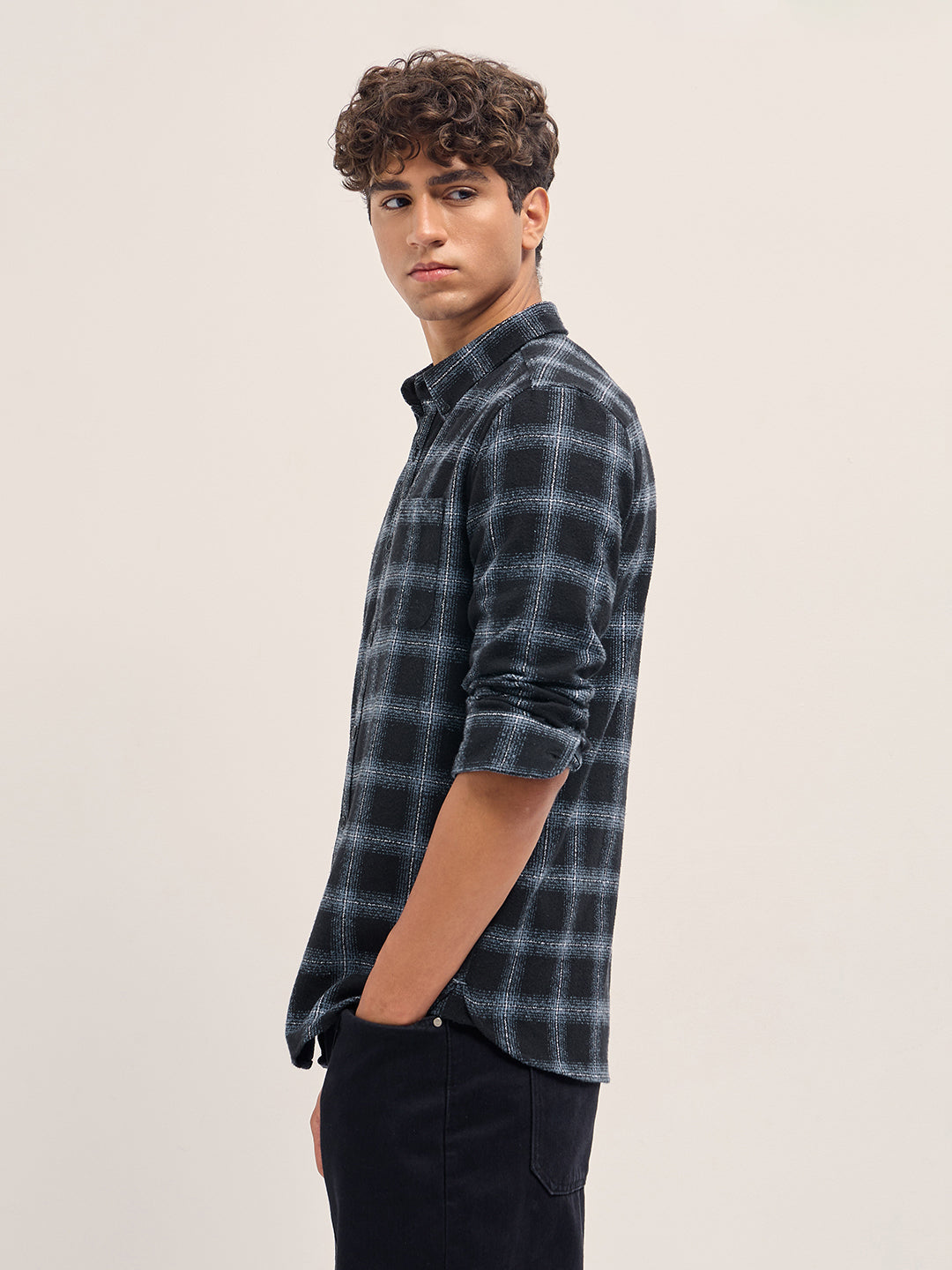 Men Black Block Check Slim Fit Casual Shirt