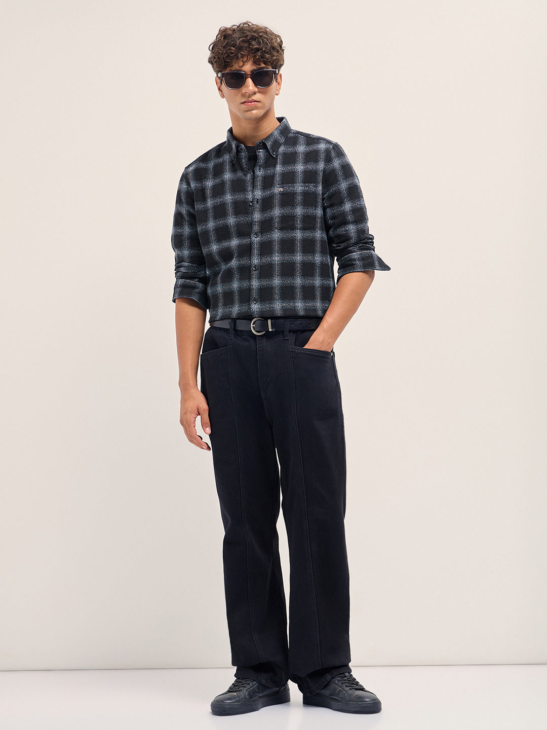 Men Black Block Check Slim Fit Casual Shirt