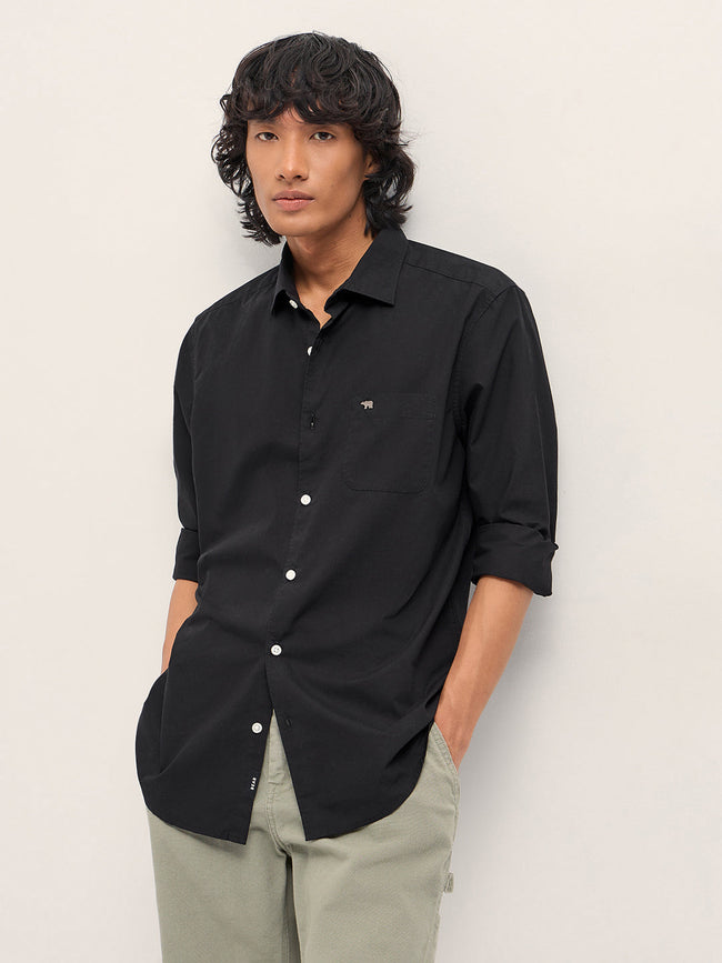 Men Black Cotton Solid Slim Fit Casual Shirt
