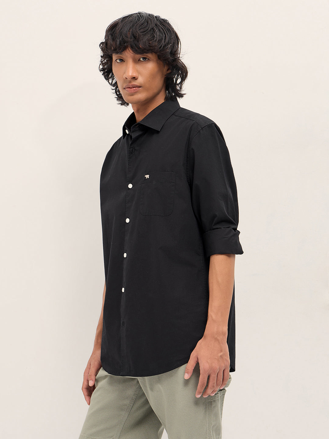 Men Black Cotton Solid Slim Fit Casual Shirt