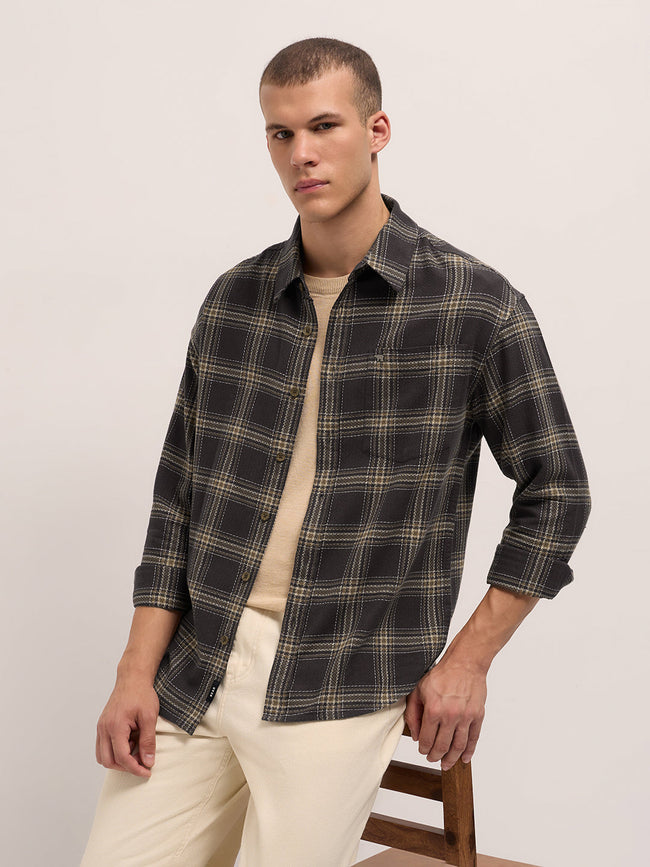 Men Brown Woven Checked Design Relaxed Fit Overshirt