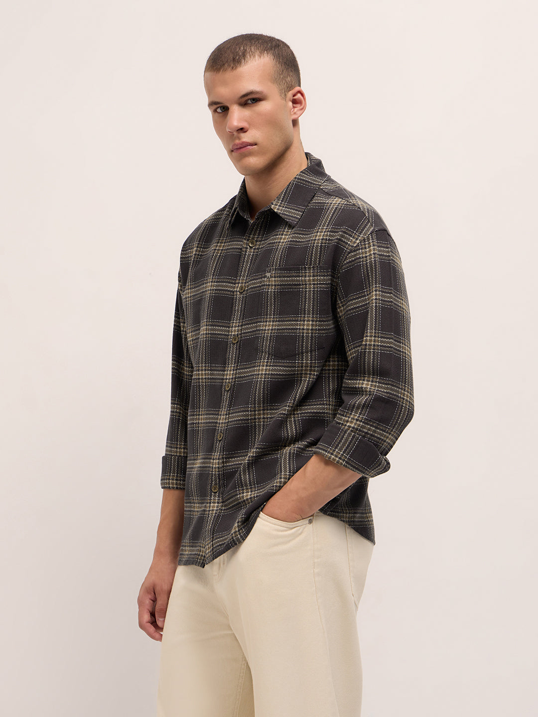 Men Brown Woven Checked Design Relaxed Fit Overshirt