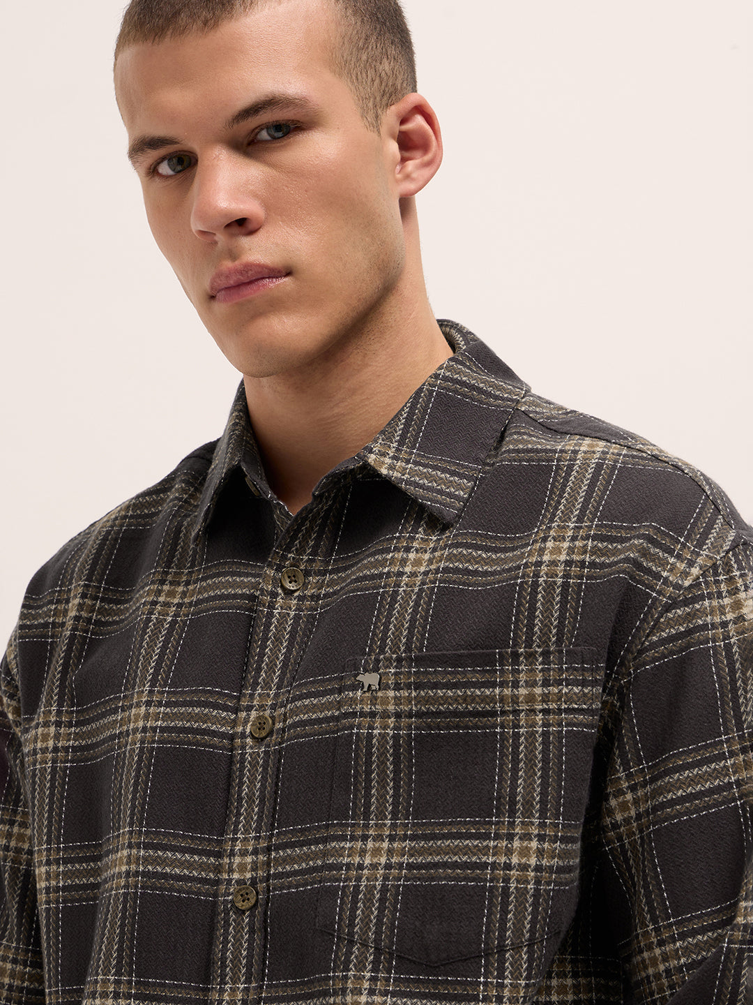 Men Brown Woven Checked Design Relaxed Fit Overshirt
