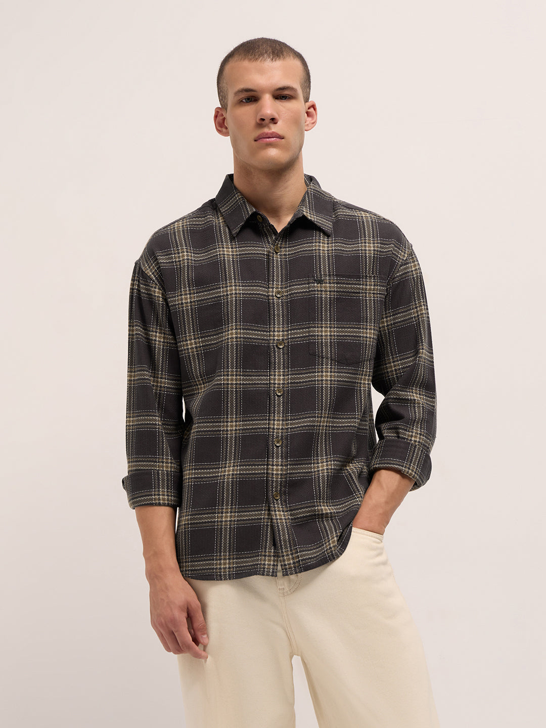 Men Brown Woven Checked Design Relaxed Fit Overshirt