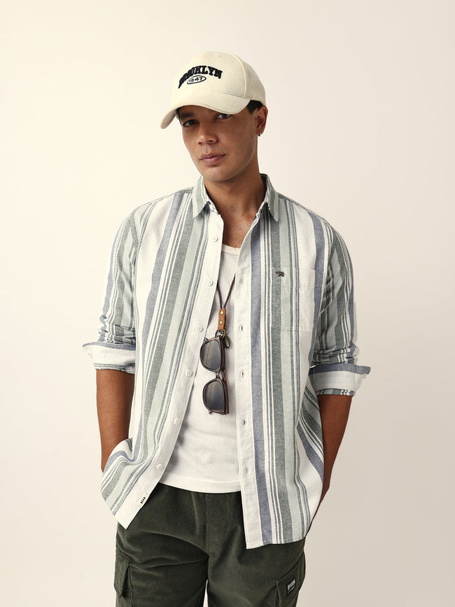 Men White Cotton Striped Shirt