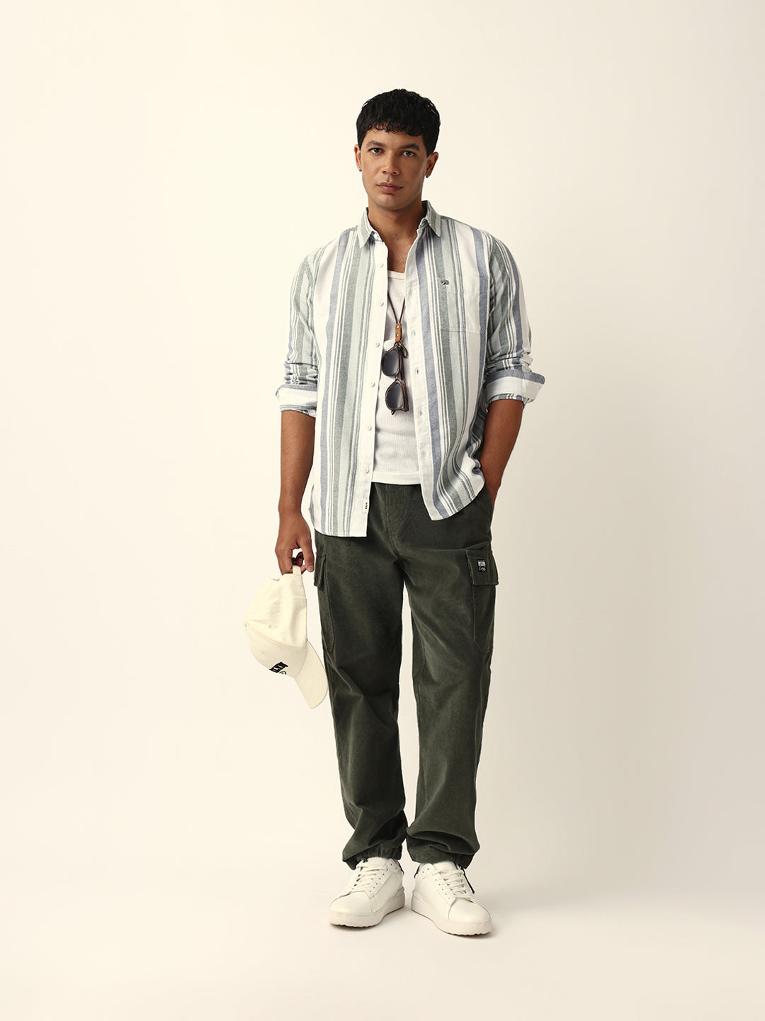 Men White Cotton Striped Shirt