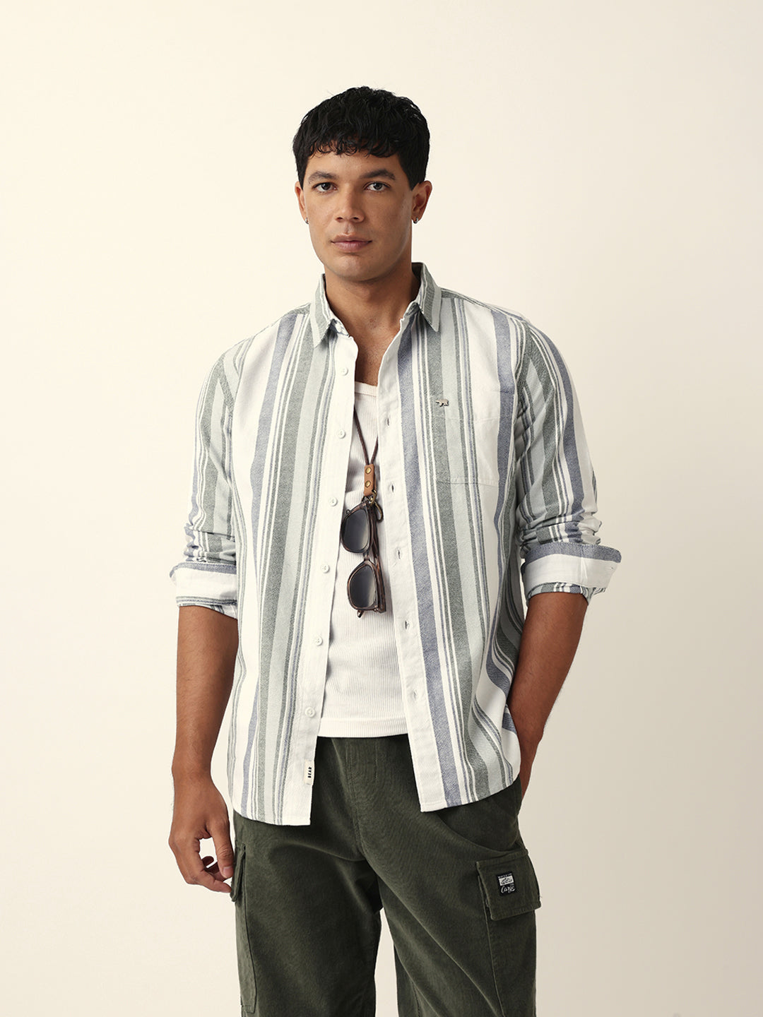 Men White Cotton Striped Shirt