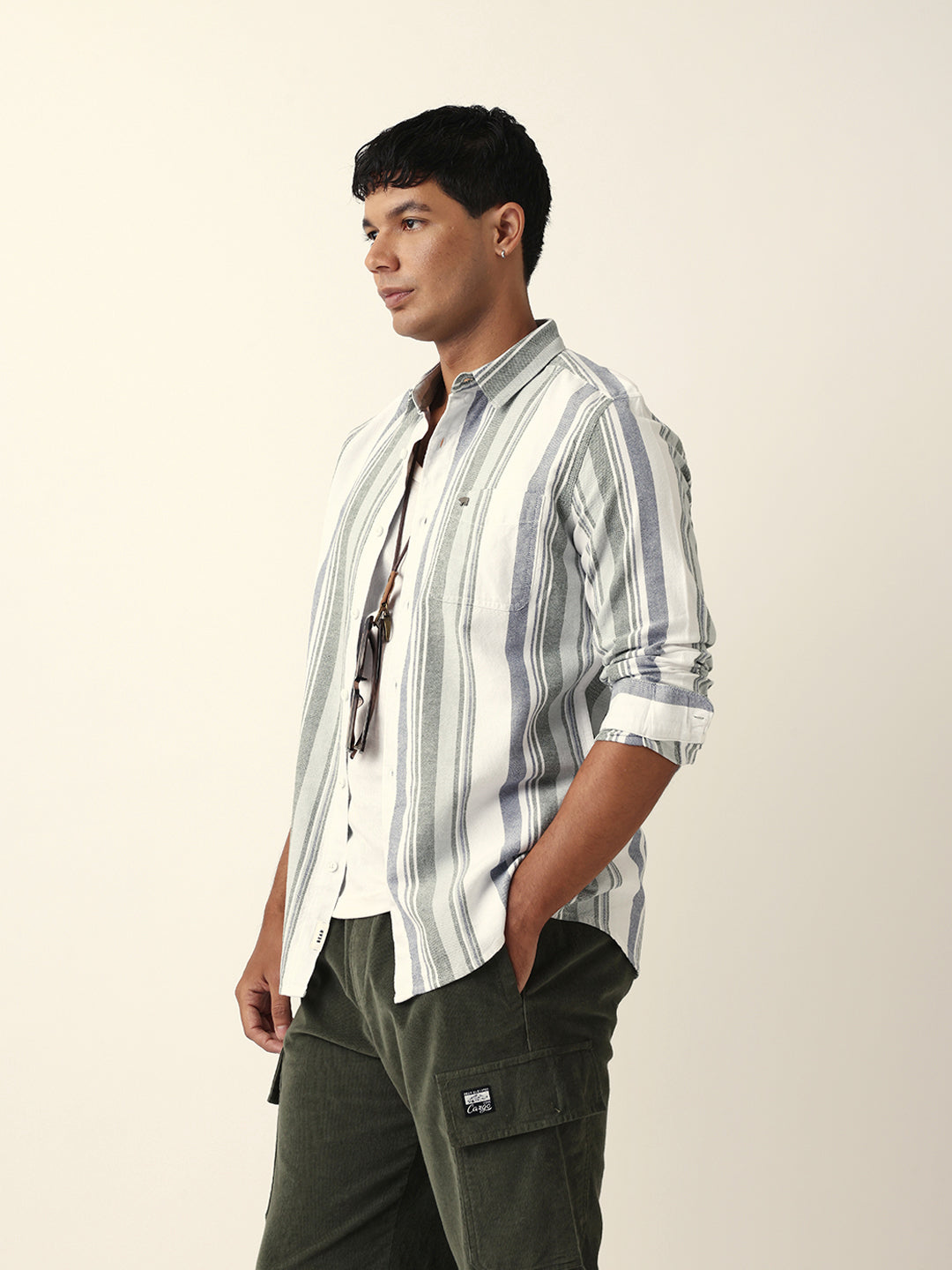Men White Cotton Striped Shirt