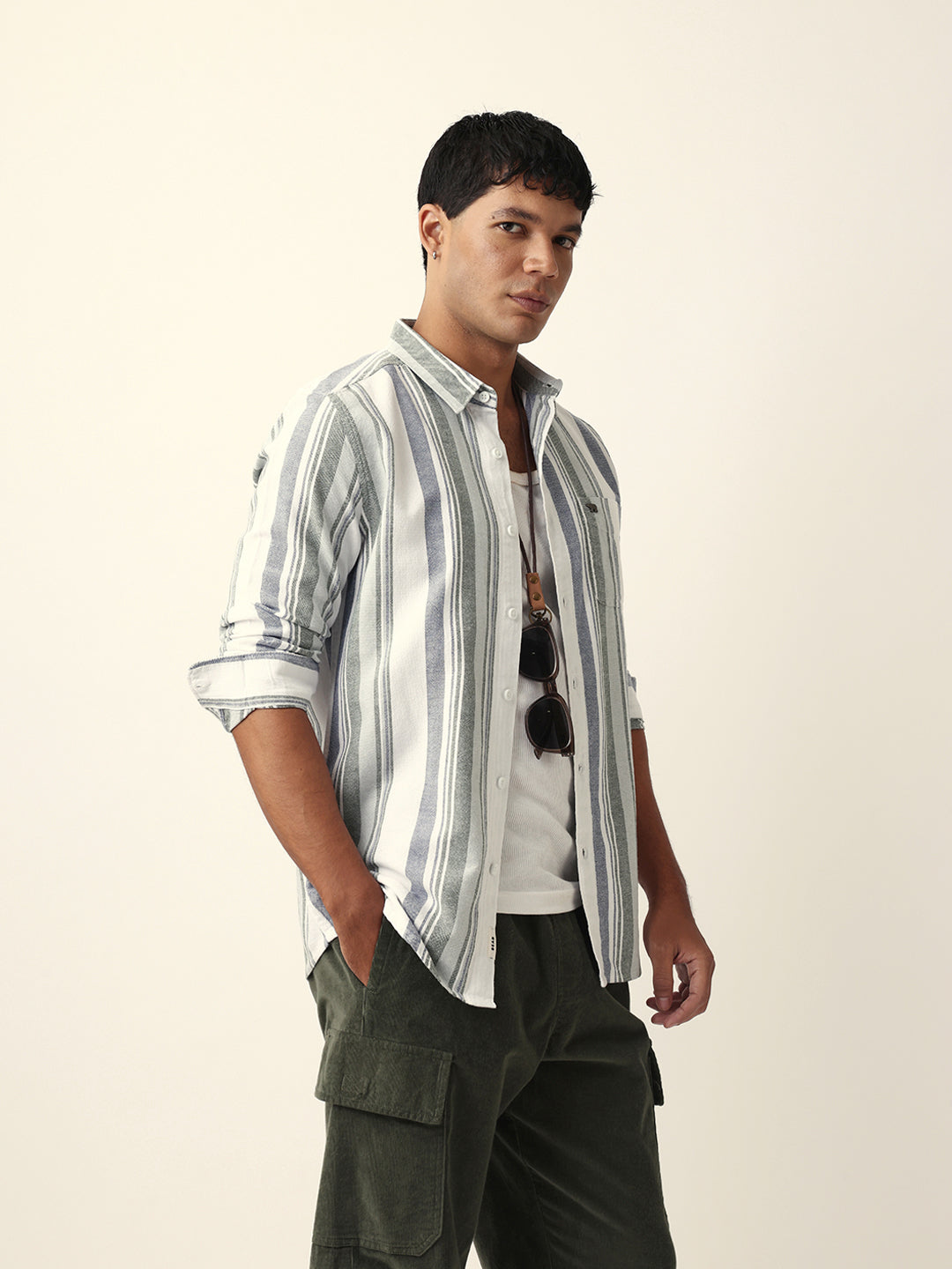 Men White Cotton Striped Shirt
