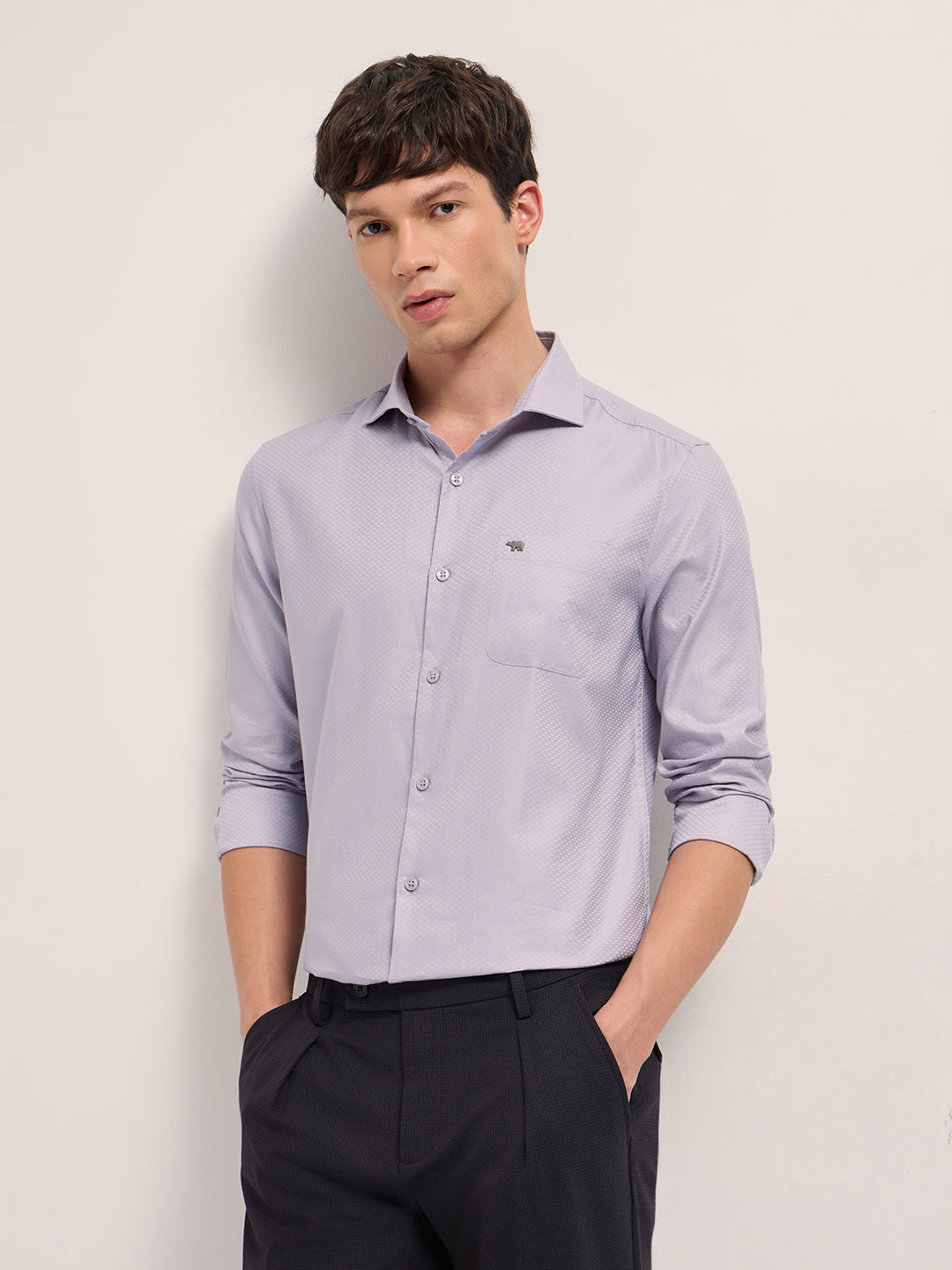 Men Purple Woven Pattern Cotton Tailored Fit Formal Shirt