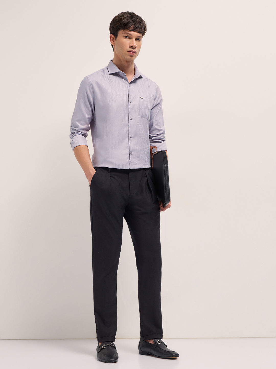 Men Purple Woven Pattern Cotton Tailored Fit Formal Shirt