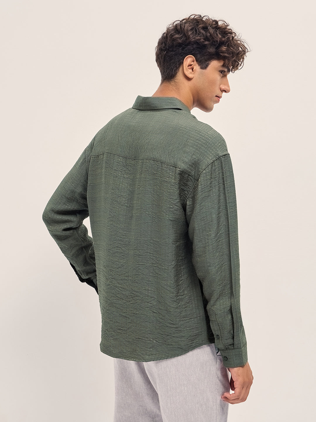 Men Green Crinkled Stripe Textured Relaxed Fit Long Sleeve Shirt