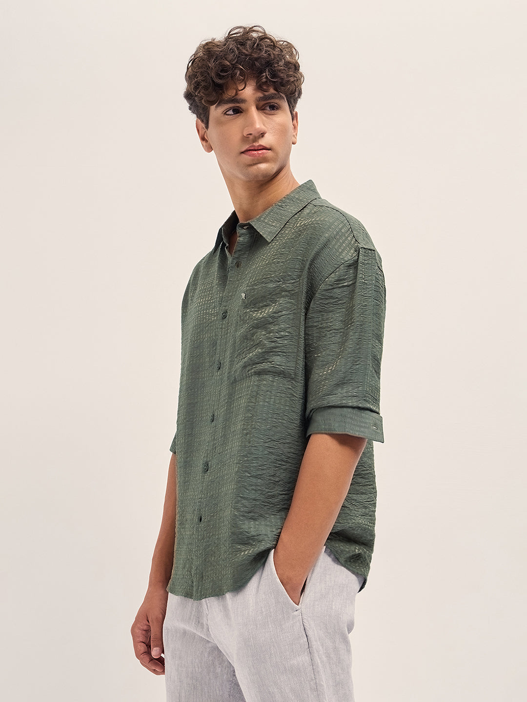 Men Green Crinkled Stripe Textured Relaxed Fit Long Sleeve Shirt
