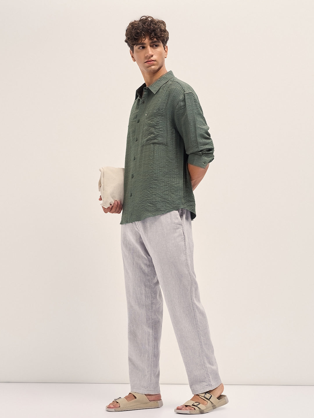 Men Green Crinkled Stripe Textured Relaxed Fit Long Sleeve Shirt