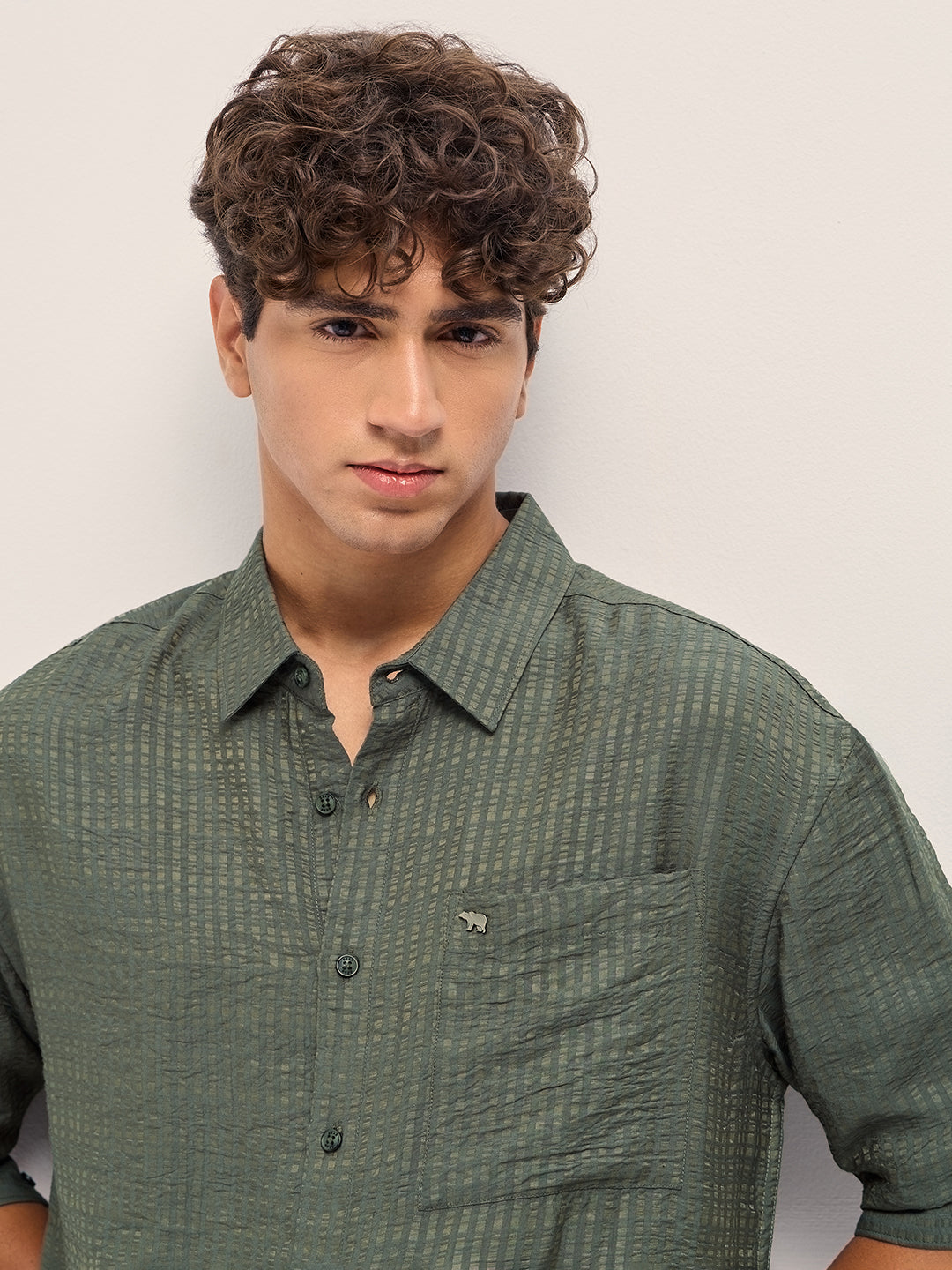 Men Green Crinkled Stripe Textured Relaxed Fit Long Sleeve Shirt