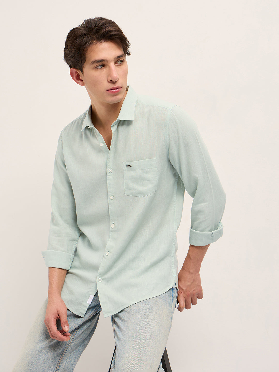 Men Light Green Solid Lyocell Slim Fit Casual Shirt