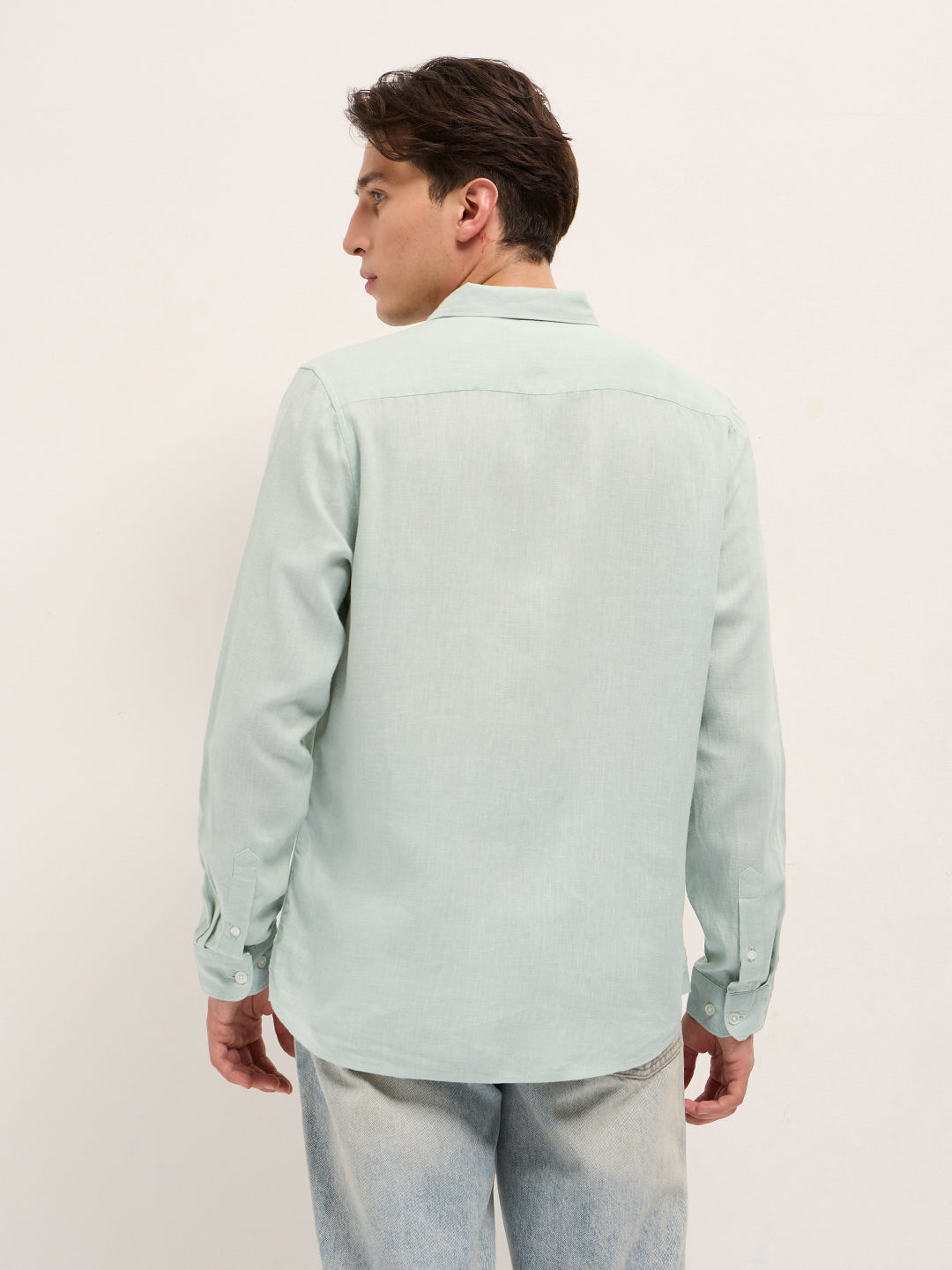 Men Light Green Solid Lyocell Slim Fit Casual Shirt