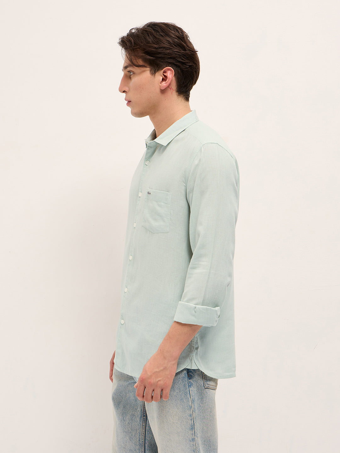 Men Light Green Solid Lyocell Slim Fit Casual Shirt
