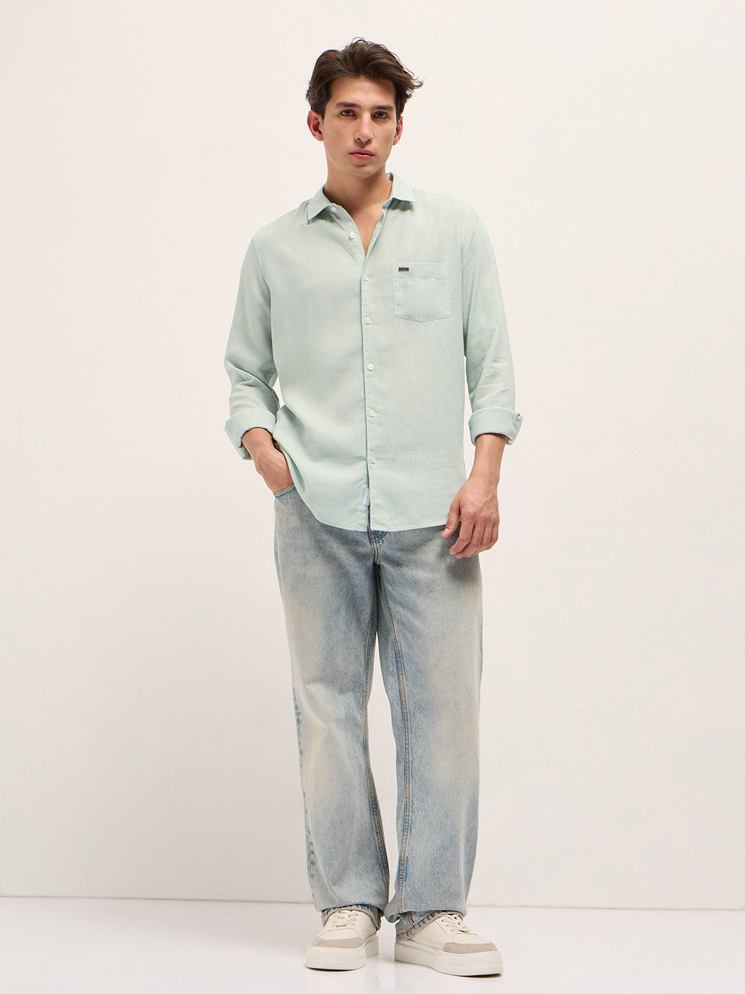 Men Light Green Solid Lyocell Slim Fit Casual Shirt