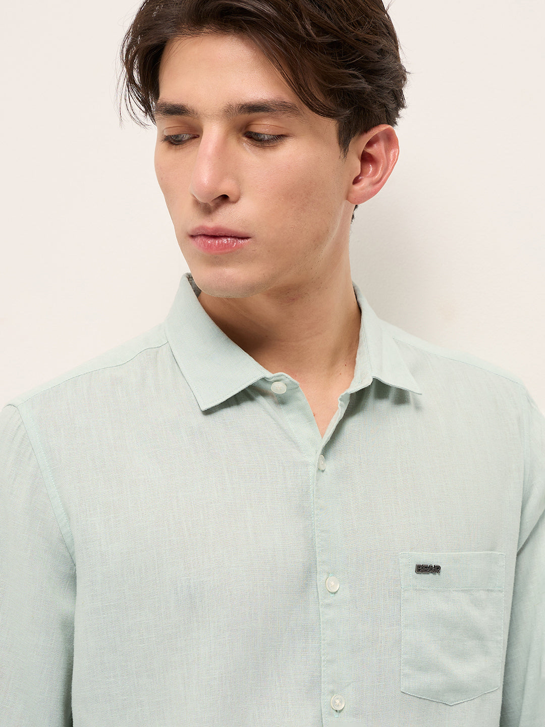 Men Light Green Solid Lyocell Slim Fit Casual Shirt