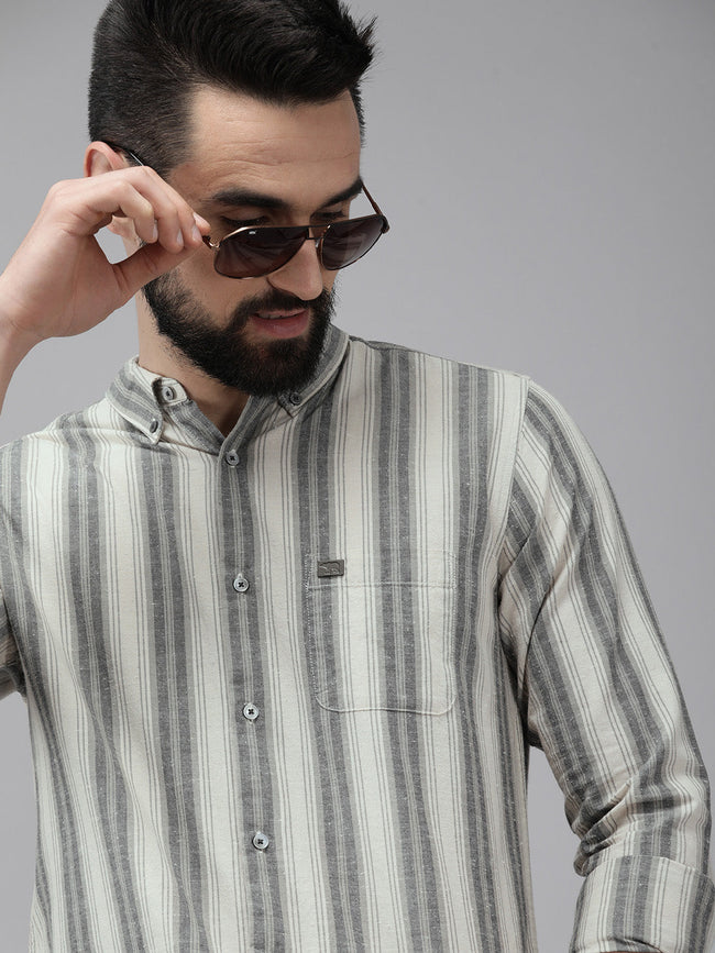 Men Beige Striped Cotton Casual Shirt