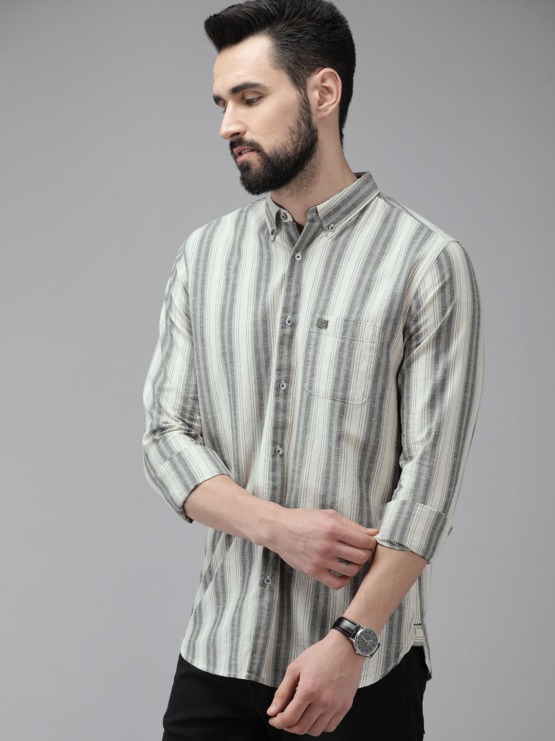 Men Beige Striped Cotton Casual Shirt