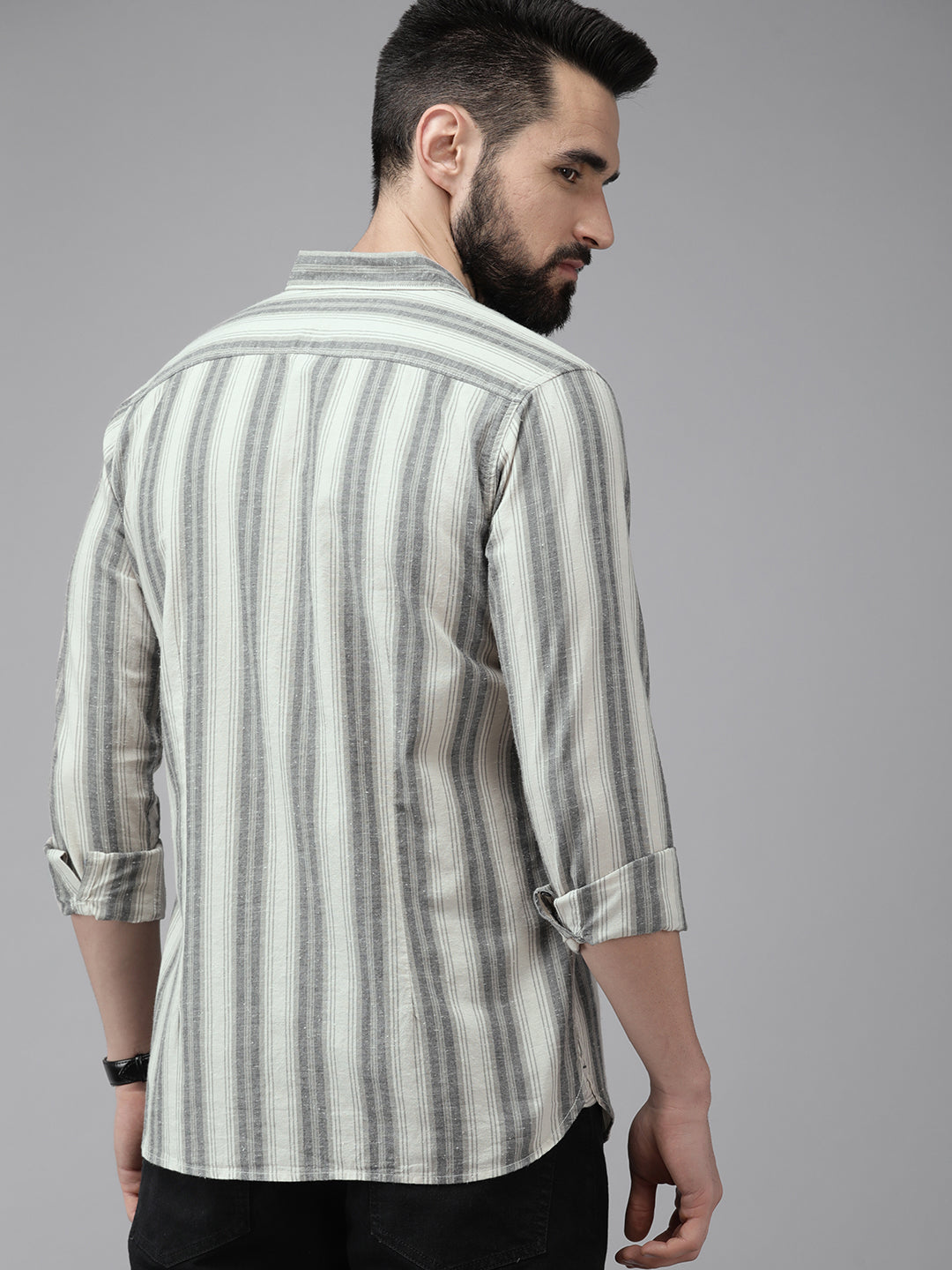 Men Beige Striped Cotton Casual Shirt