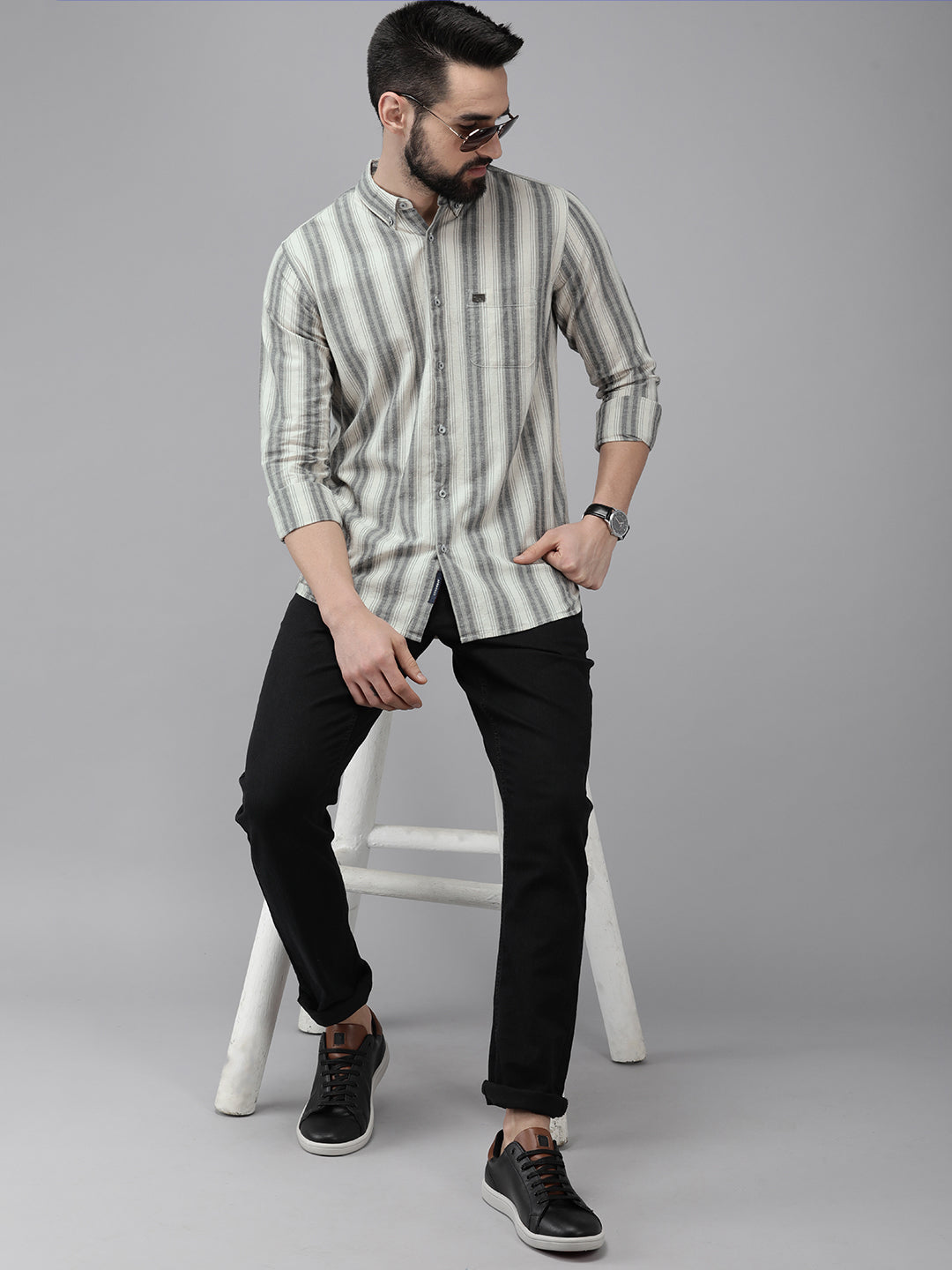 Men Beige Striped Cotton Casual Shirt