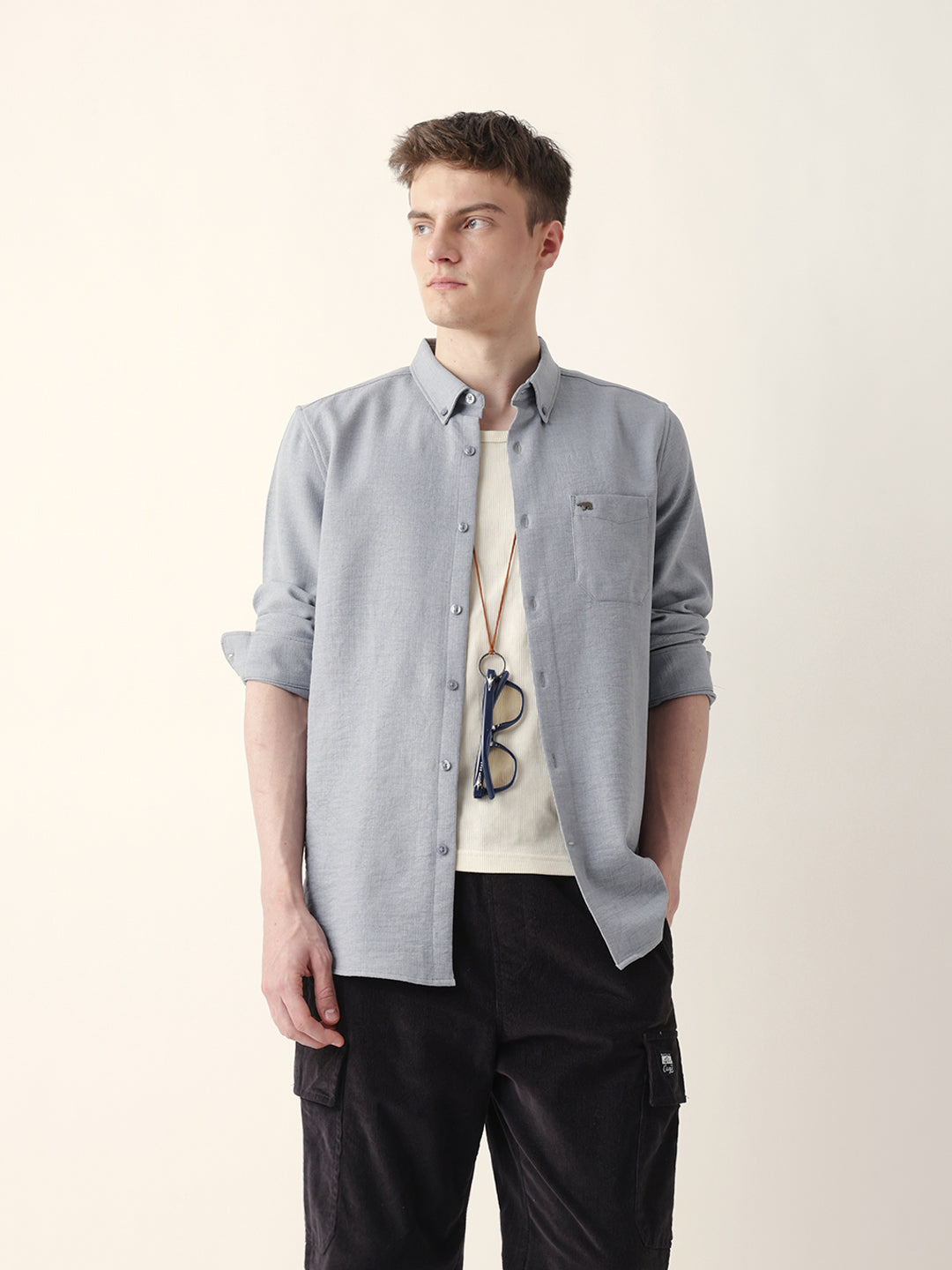 Men Casual Grey Textured Shirt