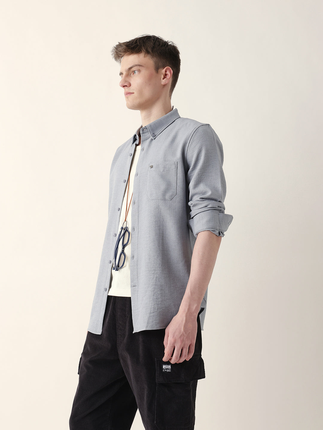 Men Casual Grey Textured Shirt