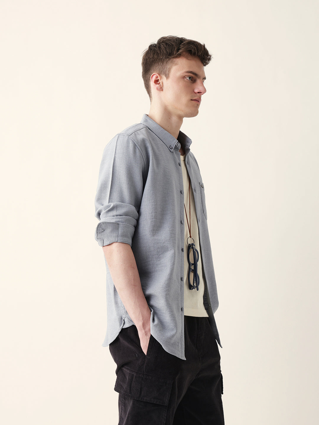 Men Casual Grey Textured Shirt